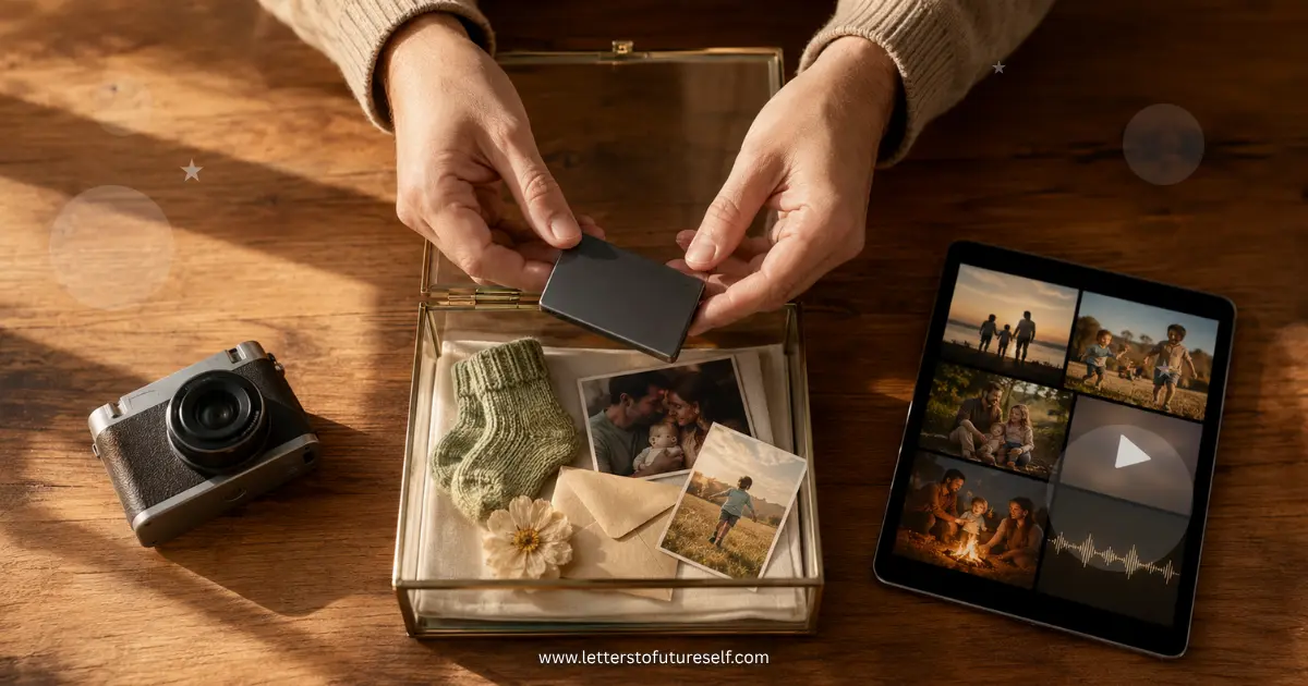 Digital time capsule containing letters, photographs, videos, and memories